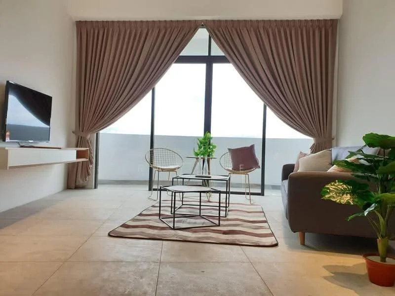 Living features: floor-to-ceiling windows, sheer curtains, beige wall, grey fabric sofa, coffee table with metal legs, area rug with striped pattern, 2 accent chairs with metal frames, decorative houseplant, TV mounted on wall, light-colored tile flooring; style: modern; view: city.