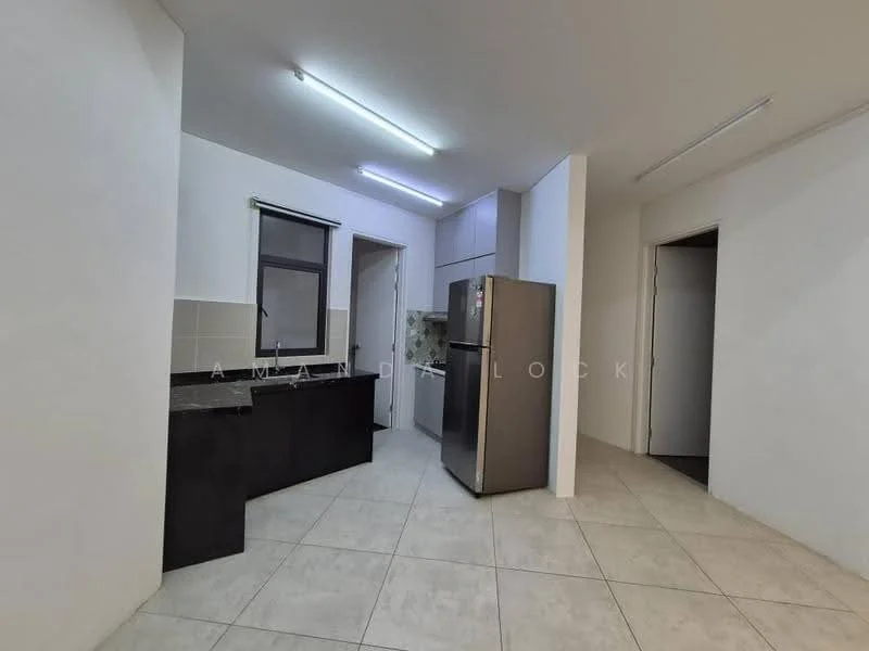 Kitchen features: black granite countertop, stainless-steel fridge, white cabinetry, tile backsplash, ceramic tile flooring, recessed ceiling lights, single-bowl stainless-steel sink, built-in oven, open layout, window with view, kitchen island, wall-mounted cabinets; style: modern. Room features: white walls, neutral flooring, doorway leading to another room.