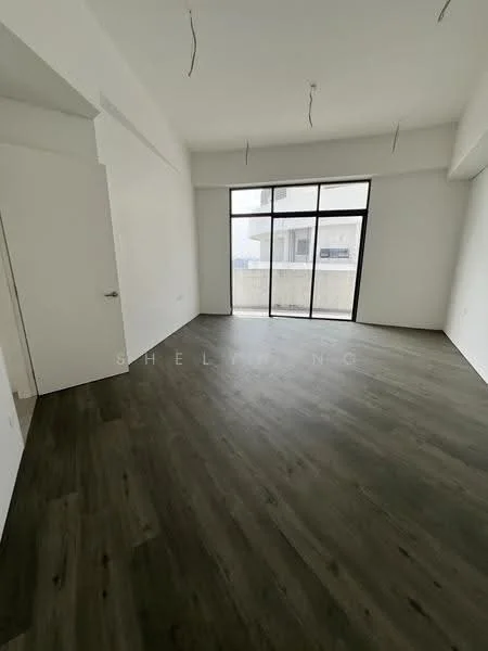 Room features: white painted walls, laminate flooring, floor-to-ceiling windows, natural light from windows, minimalist design, no visible furniture, open layout, ceiling with exposed wiring; style: modern.