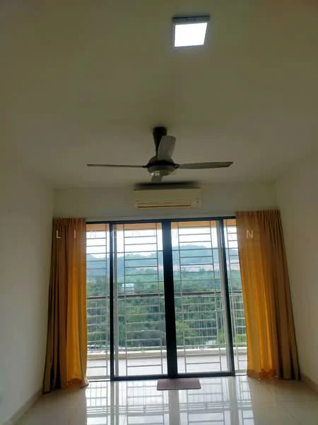 Room features: white painted walls, glossy tile flooring, 5-blade ceiling fan, wall-mounted split AC, floor-to-ceiling windows, sheer curtains in yellow, view of greenery outside; style: modern; view: garden.