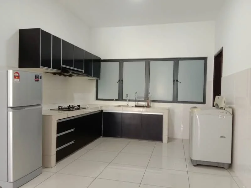 Kitchen features: black cabinetry, white countertop, stainless-steel sink, chrome faucet, gas cooktop, stainless-steel fridge, white washing machine, tile flooring, three large windows, white walls, exhaust hood; style: modern.