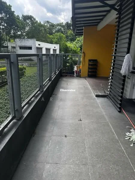 Room features: grey tile flooring, metal railing, yellow painted wall, outdoor space, surrounded by greenery; style: modern; view: garden.