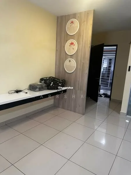 Room features: light beige painted walls, glossy white tile flooring, wood feature wall with circular decor, black door, built-in bench with storage, neutral color scheme, minimalist decor, open space layout; style: modern.