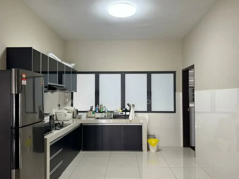 Kitchen features: black cabinetry, white countertop, stainless-steel fridge, built-in oven, gas hob, white tiled backsplash, single-bowl stainless-steel sink, chrome pull-down faucet, recessed ceiling light, white walls, ceramic tile flooring, window with black frame, kitchen utensils on countertop, yellow trash bin; style: modern.