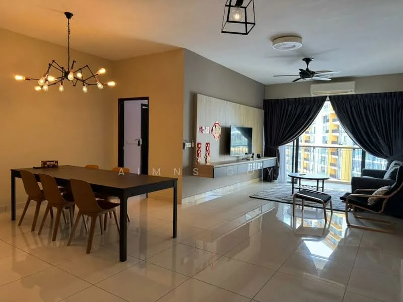 Living features: large floor-to-ceiling windows, grey fabric sofa, black coffee table, TV console with wall-mounted TV, decorative wall panel, chandelier with multiple bulbs, recessed ceiling lights, white walls, glossy tile flooring, black ceiling fan, area rug with geometric pattern, curtains in dark fabric; style: modern; view: city. Dining features: rectangular dining table, 4 wooden dining chairs, decorative centerpiece on table; style: modern.