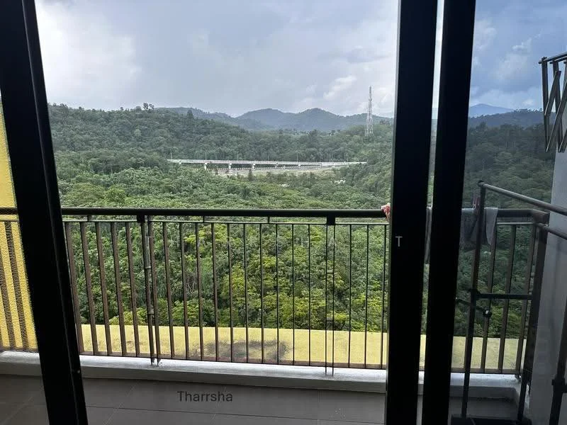 Room features: floor-to-ceiling sliding glass doors, metal railing, grey tiled flooring, view of green hills, view of distant mountains, outdoor balcony space; style: modern; view: mountain.