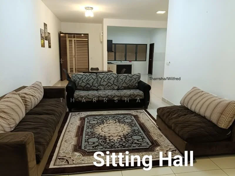 Living features: 3-seater fabric sofa in brown, 2-seater fabric sofa in dark brown, area rug with intricate pattern, white painted walls, tile flooring, ceiling light fixture, decorative wall art, window with wooden blinds; style: modern.