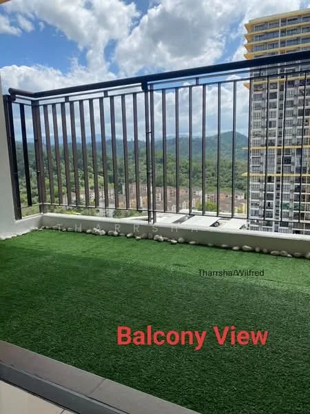 Balcony features: artificial grass flooring, metal railing, city view, mountain view, decorative stones along the edge; style: modern; view: city.