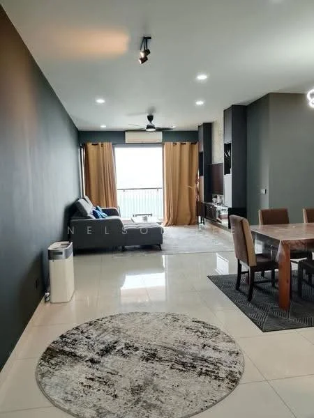 Living features: grey fabric sofa, ceiling fan, floor-to-ceiling windows, sheer curtains, recessed downlights, TV console, wall-mounted TV, area rug with abstract pattern, marble tile flooring, dining table with wooden chairs, decorative wall, open layout; style: modern; view: city.