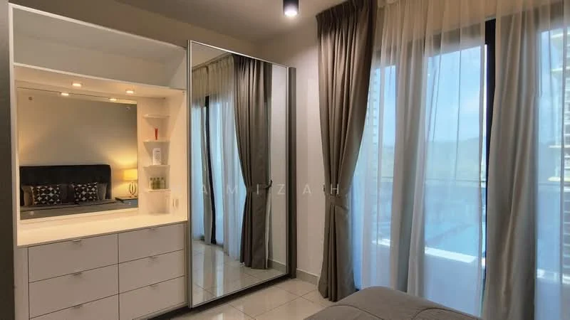 Bedroom features: queen-size bed, upholstered headboard, bedside lamp, built-in wardrobe with mirror, white cabinetry, grey bedding, floor-to-ceiling windows, sheer curtains, tile flooring, recessed downlights; style: modern; view: city.