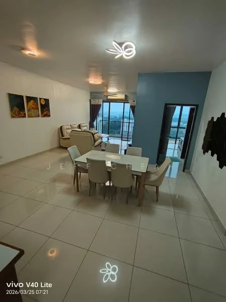 Living features: white painted walls, light grey accent wall, glossy tile flooring, 5-blade ceiling fan with integrated LED light, sofa in cream color, dining table with 6 chairs, floor-to-ceiling windows, curtains in burgundy, decorative wall art, balcony access, area rug with geometric pattern; style: modern; view: city.