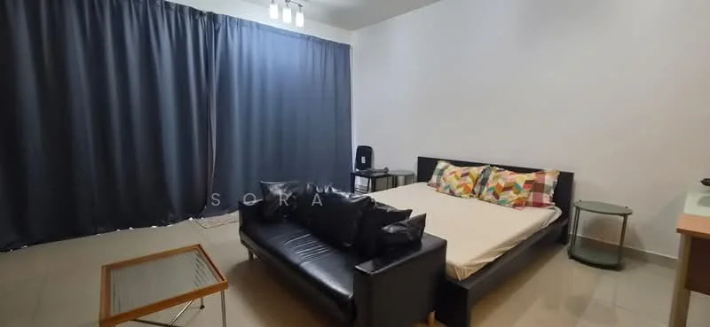 Living features: black leather sofa, colorful patterned throw pillows, glass side table, wooden coffee table, grey curtains, white painted walls, tile flooring, ceiling lights; style: modern.