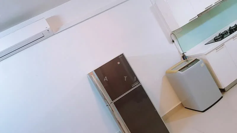 Kitchen features: stainless-steel fridge, freestanding washing machine, white cabinetry, green backsplash, gas cooktop, white countertop, white walls, wall-mounted split AC; style: modern.
