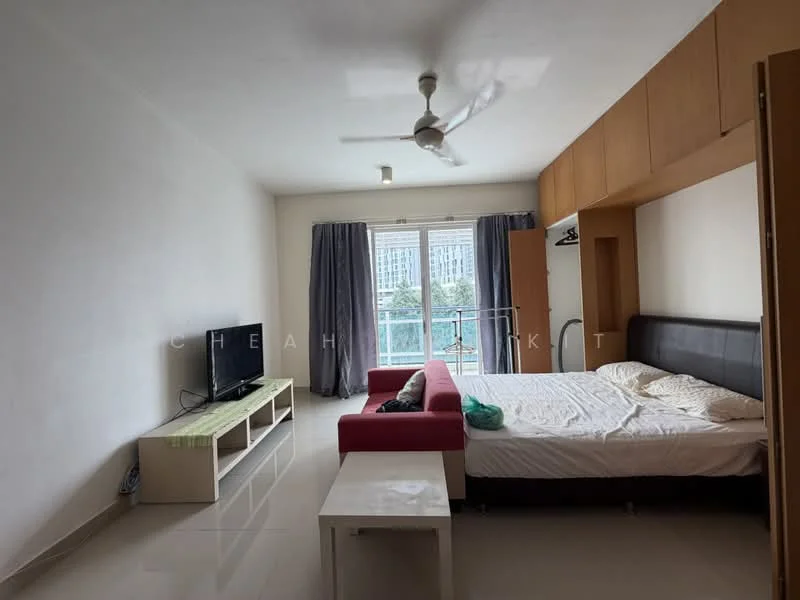 Room features: white painted walls, glossy tile flooring, ceiling fan, floor-to-ceiling windows, sliding glass door, sofa in red fabric, coffee table, TV console, built-in wardrobe, bed with headboard, curtains, balcony view; style: modern; view: city.