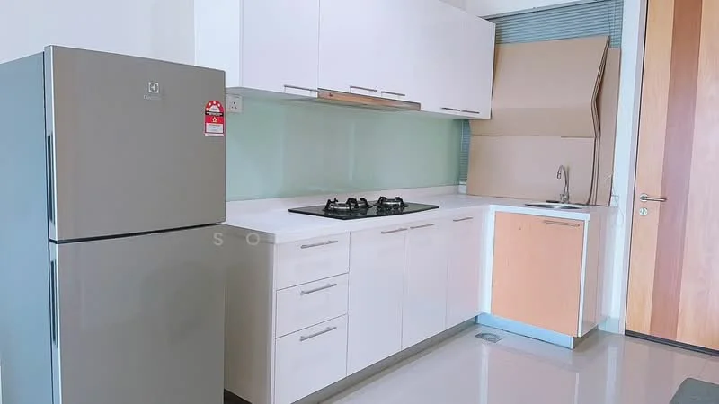 Kitchen features: stainless-steel fridge, 4-burner gas hob, built-in oven, white cabinetry, laminate countertop, glass backsplash, single-bowl stainless-steel sink, chrome pull-down faucet, white painted walls, polished tile flooring; style: modern.