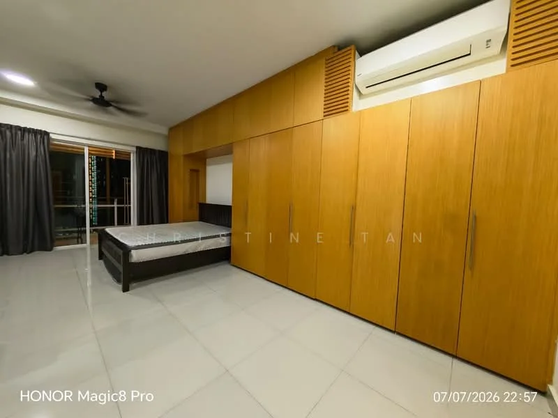 Bedroom features: wooden cabinetry, floor-to-ceiling wardrobe, queen-size bed frame, white mattress, grey curtains, split air conditioning unit, ceiling fan, white tiled flooring, neutral wall color, balcony access door; style: modern.
