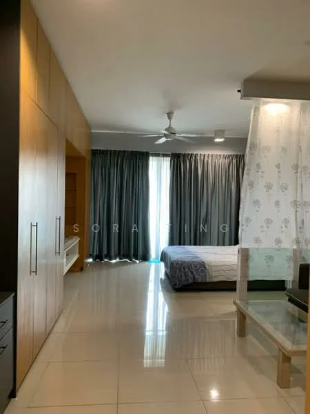 Bedroom features: king-size bed with white bedding, upholstered headboard, floor-to-ceiling windows, grey curtains, cream walls, polished tile flooring, ceiling fan with light, built-in wardrobe with wooden finish, glass coffee table, TV console, decorative partition with floral pattern; style: modern.