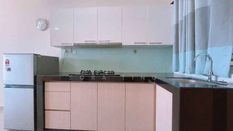 Kitchen features: white upper cabinets, wood lower cabinets, black granite countertop, stainless-steel sink, chrome pull-down faucet, gas stove with two burners, stainless-steel refrigerator, glass backsplash, wall-mounted range hood, wall clock, curtains, tile flooring; style: modern.