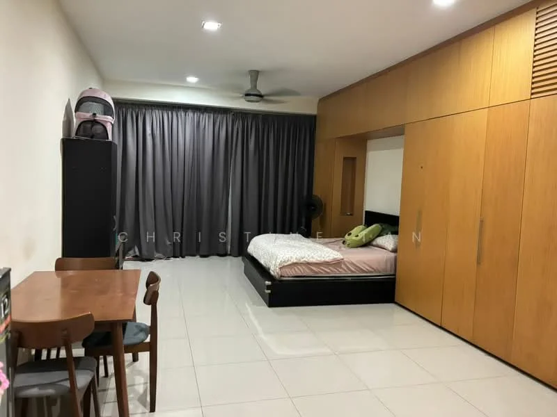 Room features: queen-size bed with upholstered headboard, built-in wardrobe with wooden finish, dining table with four chairs, grey curtains, white tiled flooring, ceiling fan, wall-mounted fan, wall-mounted shelving unit, neutral wall color, recessed lighting; style: modern.