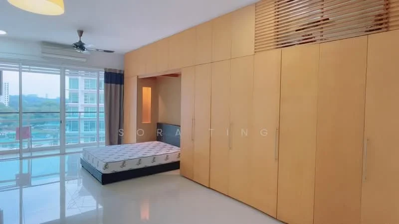 Bedroom features: built-in wardrobe with wooden finish, floor-to-ceiling windows, sliding glass door, white walls, glossy tile flooring, ceiling fan, queen-size bed frame, curtains, wooden partition, natural light from windows; style: modern; view: city.