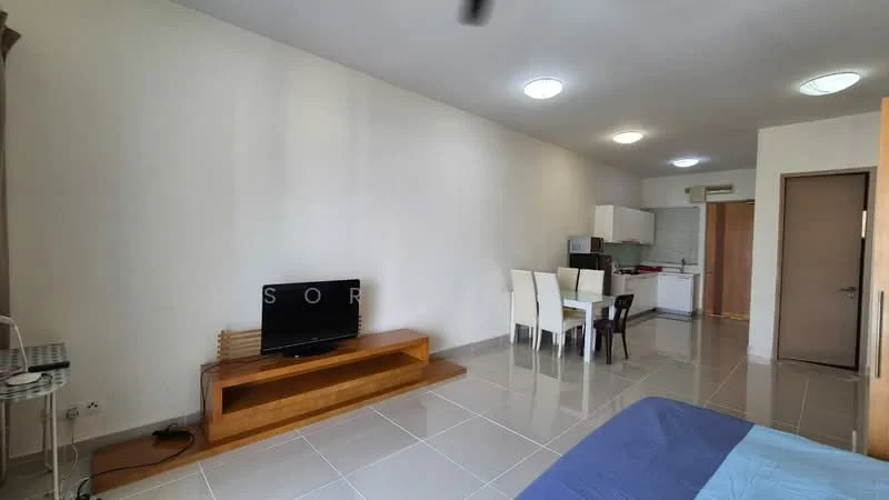 Living features: grey wall, white ceiling, recessed downlights, 3-seater dining table, 4 dining chairs, wooden TV console, wall-mounted TV, tile flooring, open layout to kitchen, kitchenette with cabinets, kitchen countertop, stainless-steel sink; style: modern.
