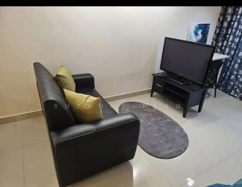 Living features: black leather sofa, yellow throw pillows, TV console, wall-mounted TV, area rug, ceramic tile flooring, painted walls, curtains with floral pattern; style: modern.