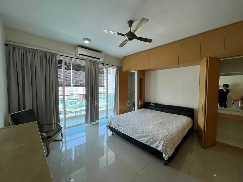 Bedroom features: king-size bed, upholstered headboard, built-in wardrobe, sliding mirror wardrobe, 5-blade ceiling fan with light, floor-to-ceiling windows, grey curtains, white painted walls, glossy tile flooring, study desk, chair; style: modern; view: city.
