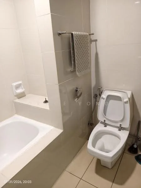 Bathroom features: white tiled walls, cream tiled flooring, bathtub, one-piece toilet, chrome faucet, towel rack, soap holder, shower area with glass partition; style: modern.