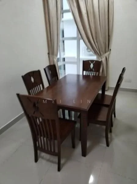 Dining features: wooden dining table, 5 wooden dining chairs, cream curtains, white walls, tile flooring, large window with grid pattern; style: modern.
