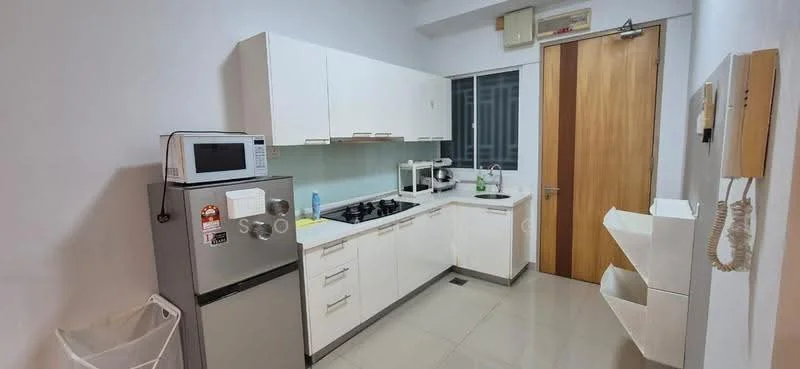 Kitchen features: white cabinetry, stainless-steel fridge, built-in microwave, 4-burner gas hob, white countertop, single-bowl stainless-steel sink, chrome pull-down faucet, tile flooring, window with view, wall-mounted phone, paper towel holder, storage shelves, door to hallway; style: modern.