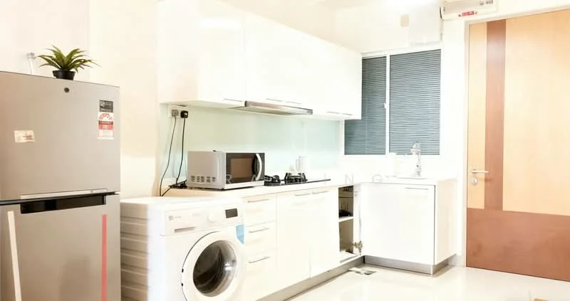 Kitchen features: white flat-panel cabinets, stainless-steel fridge, built-in oven, freestanding range oven, microwave, single-bowl stainless-steel sink, chrome pull-down faucet, white countertop, washing machine, glass backsplash, tile flooring, wall-mounted cabinets, plant on countertop; style: modern.