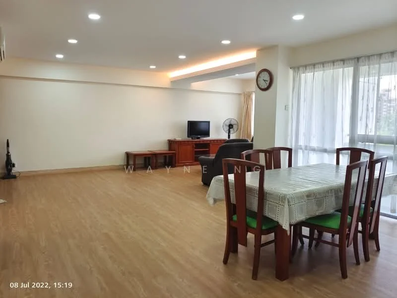 Living features: laminate flooring, white painted walls, recessed downlights, floor-to-ceiling windows, curtains, TV console, wall-mounted TV, 3-seater fabric sofa, coffee table, ceiling fan; style: modern. Dining features: 6-seater dining table, wooden dining chairs, tablecloth, sideboard, decorative wall clock; style: modern.