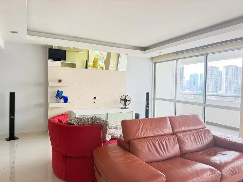 Living features: red fabric sofa, brown leather sofa, glass coffee table, white wall-mounted shelf, decorative blue vase, floor-to-ceiling windows, city skyline view, light-colored tiled flooring, ceiling with recessed lighting, wall-mounted TV, black floor speaker; style: modern; view: city.
