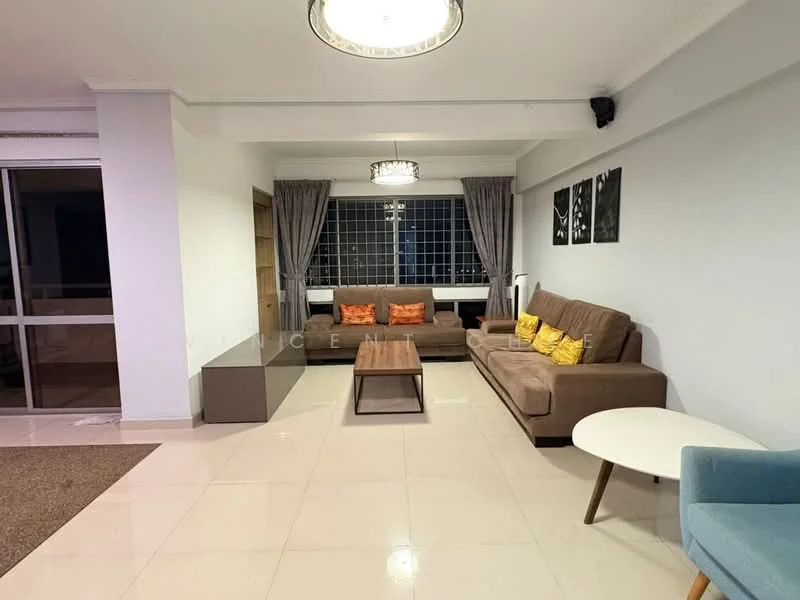 Living features: 3-seater fabric sofa in brown, 2-seater fabric sofa in beige, coffee table, area rug, floor-to-ceiling windows, curtains, ceiling light fixture, wall-mounted artwork, light-colored walls, glossy tile flooring; style: modern.