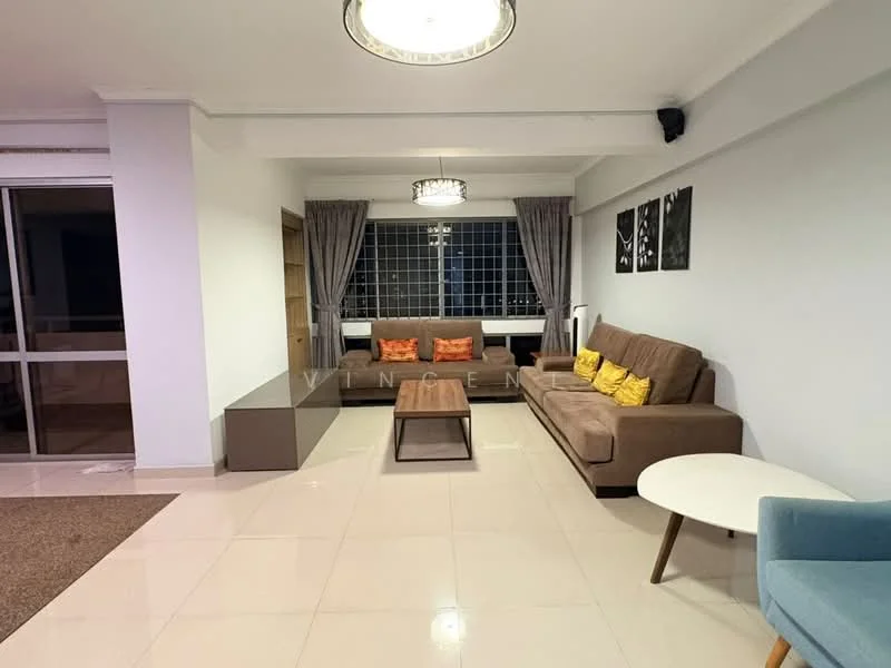 Living features: 3-seater fabric sofa in brown, 2-seater fabric sofa in brown, coffee table, area rug, floor-to-ceiling windows, curtains, wall-mounted light fixture, decorative wall art, light-colored walls, glossy tile flooring; style: modern.