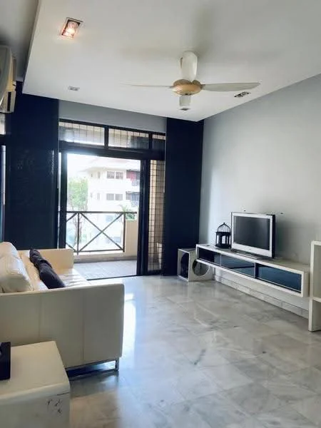 Living features: white leather sofa, marble flooring, 5-blade ceiling fan, wall-mounted TV, TV console with storage, large sliding glass door, balcony access, decorative lantern, neutral wall color, natural light from windows; style: modern; view: city.