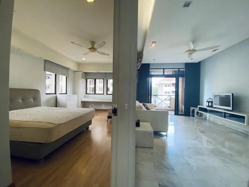 Bedroom features: queen-size bed, upholstered headboard, 2-blade ceiling fan, wooden flooring, white walls, window with sheer curtains; style: modern. Living features: sofa, coffee table, TV console, wall-mounted TV, marble flooring, 2-blade ceiling fan, large windows, black accent wall; style: modern.