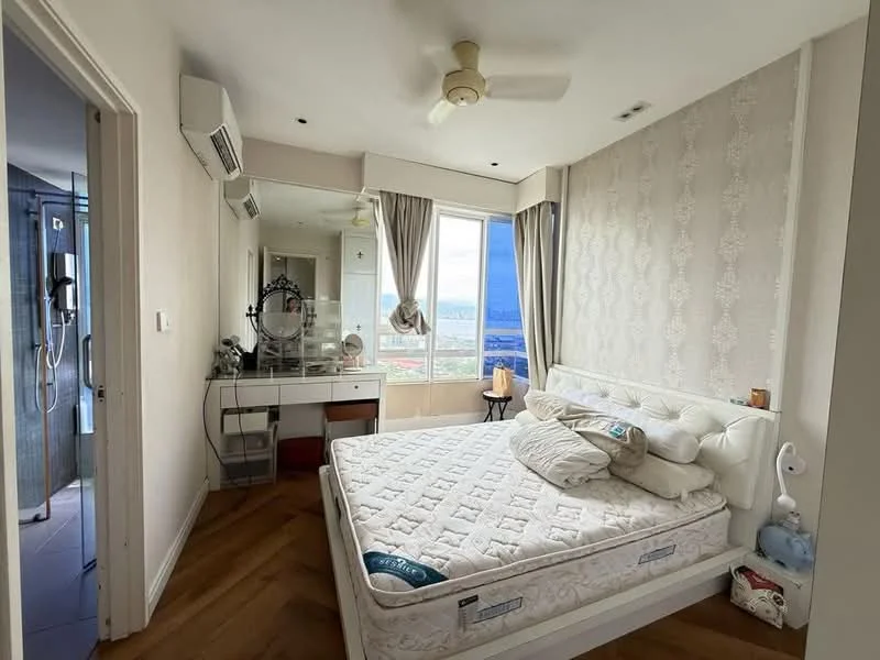 Bedroom features: queen-size bed, upholstered headboard, bedside lamp, built-in wardrobe, dressing table with mirror, floor-to-ceiling windows, curtains, wooden flooring, ceiling fan, wall-mounted split AC; style: modern; view: city.