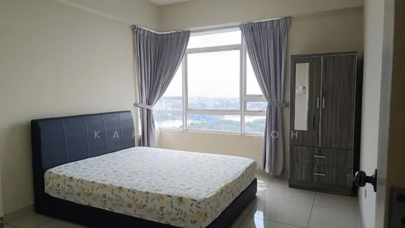 Bedroom features: queen-size bed, upholstered headboard, floor-to-ceiling window, grey curtains, white painted walls, glossy tile flooring, built-in wardrobe, decorative mirror; style: modern; view: city.