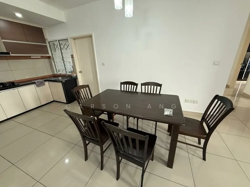 Dining features: 6-seater dining table, wooden dining chairs, ceramic tile flooring, white painted walls, kitchen cabinetry with brown finish, black countertop, built-in kitchen appliances, recessed ceiling lights; style: modern. Kitchen features: kitchen cabinetry with brown finish, black countertop, built-in oven, stainless-steel sink, single-bowl stainless-steel sink, chrome pull-down faucet, ceramic tile flooring, recessed ceiling lights; style: modern.