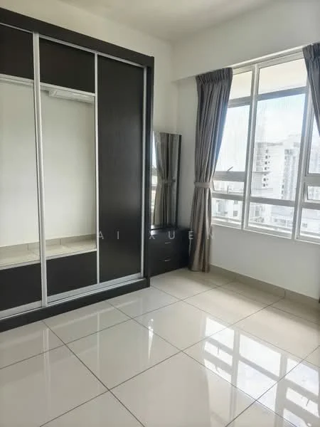 Bedroom features: floor-to-ceiling windows, white painted walls, sliding mirror wardrobe, tile flooring, curtains, natural light, built-in storage, neutral color palette; style: modern; view: city.
