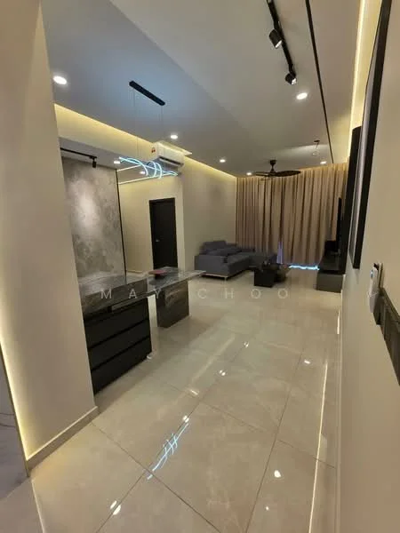 Living features: polished marble flooring, cream painted walls, recessed downlights, 5-blade ceiling fan with light, sofa in grey, floor-to-ceiling curtains, wall-mounted air conditioning unit, decorative wall panel, LED strip lighting, black console table; style: modern.