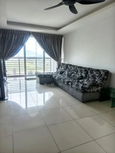 Living features: 3-seater fabric sofa with floral pattern, floor-to-ceiling windows, grey curtains, white painted walls, polished ceramic tile flooring, ceiling fan, recessed downlights, glass coffee table; style: modern; view: garden.