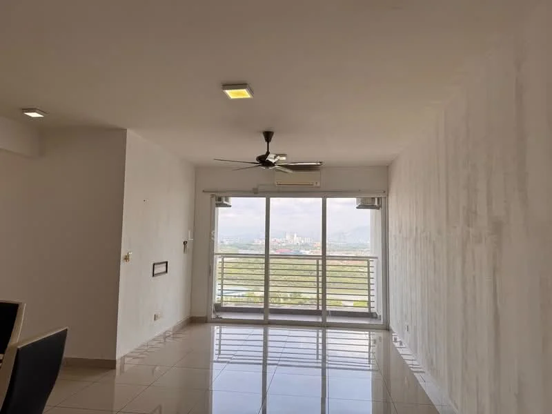 Living features: white painted walls, glossy tile flooring, 5-blade ceiling fan with light, floor-to-ceiling windows, sliding glass door, city view, recessed downlights; style: modern; view: city.