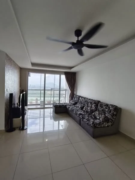Living features: 3-seater fabric sofa with patterned upholstery, floor-to-ceiling windows, sliding glass door, curtains, ceiling fan, glossy tile flooring, decorative wall with textured finish, TV console, open layout, natural light; style: modern; view: sea.
