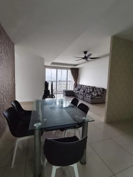 Dining features: glass dining table, 4 black dining chairs, white walls, cream tiled flooring, ceiling fan, large window with city view, curtains, decorative wall with textured finish; style: modern; view: city. Living features: 3-seater fabric sofa in grey, decorative cushions, light-colored walls, large window with natural light, floor-to-ceiling window, curtains; style: modern; view: city.