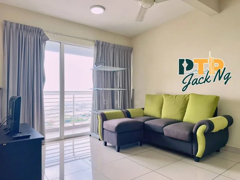 Living features: L-shape sectional sofa in green and grey, floor-to-ceiling windows, curtains in light grey, white painted walls, white ceiling, recessed downlights, TV console, flat-screen TV, ceramic tile flooring, glass shelving unit, ceiling fan; style: modern; view: city.