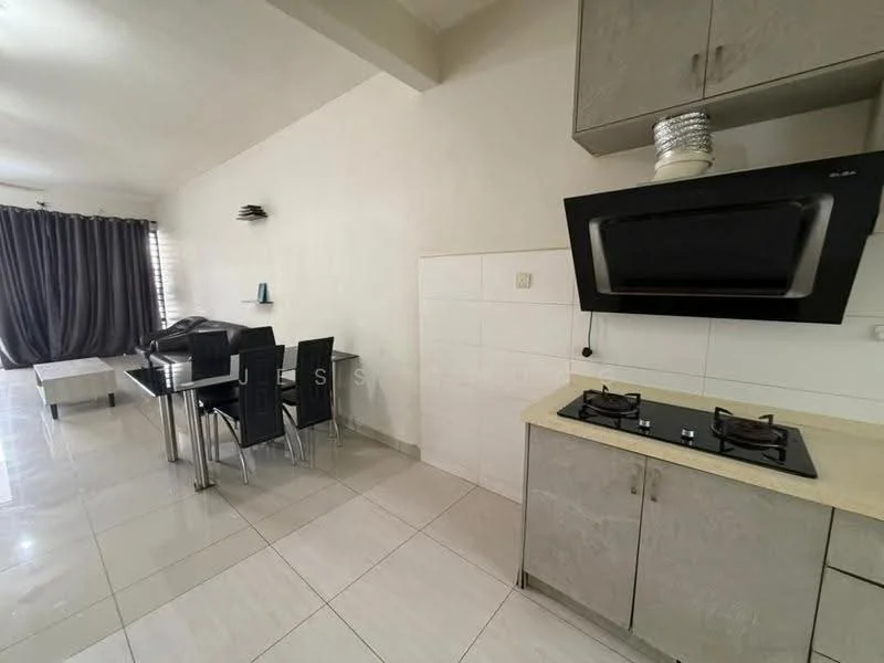 Kitchen features: grey laminate cabinetry, white countertop, built-in gas hob with two burners, stainless-steel range hood, white tiled backsplash, ceramic tile flooring, recessed ceiling lights, floor-to-ceiling windows with sheer curtains, dining table with black chairs, black dining chairs, grey sofa, decorative wall sconce; style: modern.