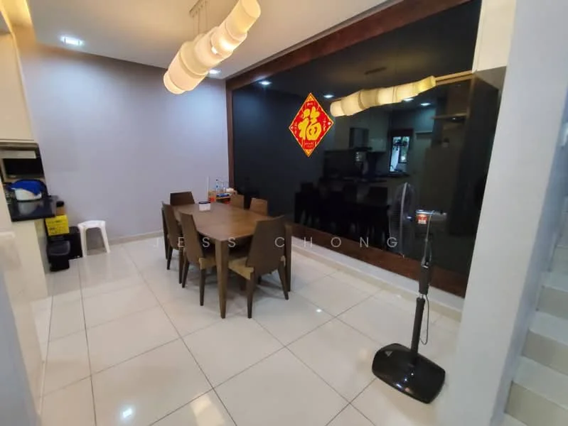 Dining features: rectangular dining table with six chairs, white tiled flooring, grey painted walls, black glass feature wall, decorative wall art, ceiling light fixture, standing fan, open space layout; style: modern.