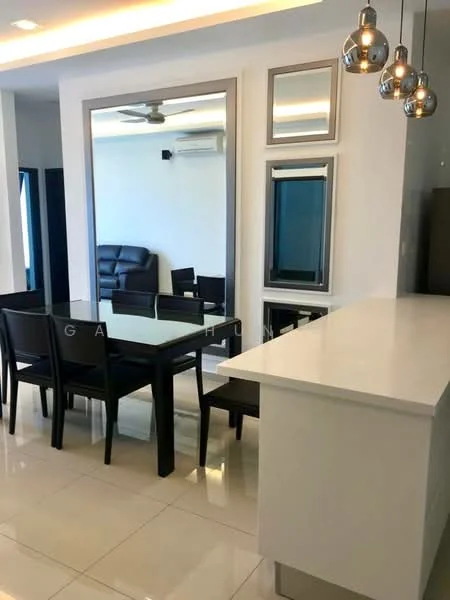 Dining features: glass dining table, black dining chairs, mirror with frame, wall-mounted mirror, pendant lighting, white walls, recessed ceiling lights, tile flooring, ceiling fan; style: modern. Living features: black leather sofa, wall-mounted TV, air conditioning unit; style: modern.